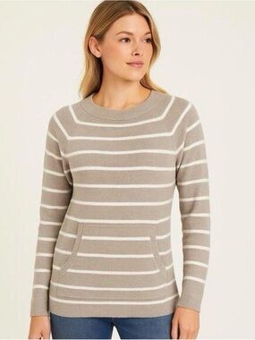 Barefoot Dreams Cozy Chic Ultra Lite Taupe and White Striped Crewneck Sweater